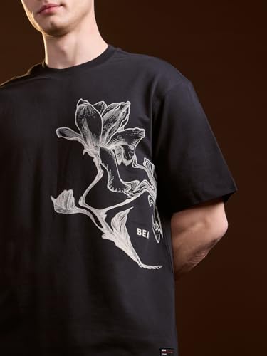 THE BEAR HOUSE Men's Black Pure Cotton Graphic Printed Oversize T-Shirt