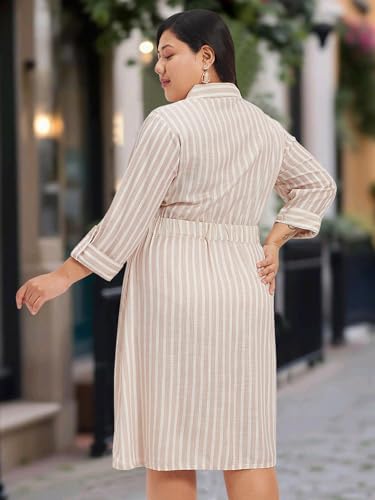 wild U Women Plus Size Shirt Dress | Linen Fabric | Midi | Striped | Long Sleeve | Western Formal (White Beige, Size: 5XL)