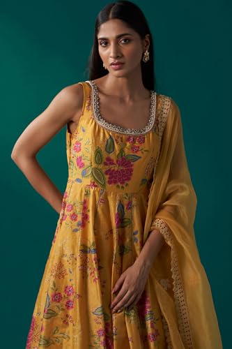 Wishful Women's Yellow Floral Print Embroidered Anarkali Tissue Kurta with Churidar and Dupatta Set (SP12870-126448-S)