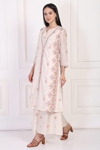 W for Woman Off-White Floral Print Lace Straight Kurta with Inner Flared Pant and Dupatta Set (WS13083-126482-L)