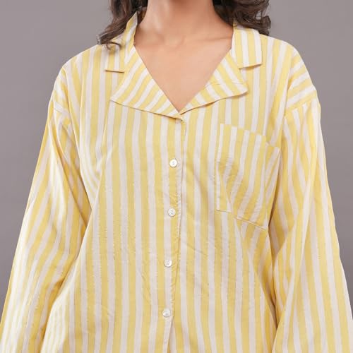 Women's Yellow Striped Lounge Co-ord Set | Full Sleeve Collared Button-Down Shirt with Shorts | Comfortable Casual Nightwear, Loungewear & Sleepwear Set for Women (in, Alpha, S, Regular)