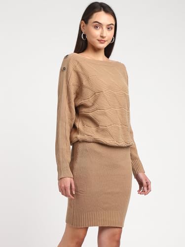 GUESS Women Beige Solid Boat Neck Dress