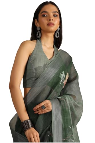 Soch Womens Olive Linen Floral Print Saree With Sequins