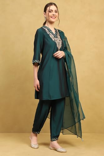 Rangriti Women Deep Green Polyester Blend Embroidered A-Line Kurta Set_36