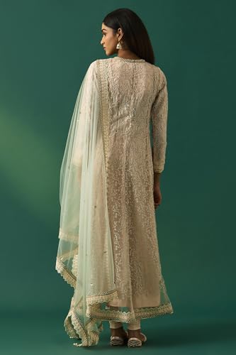 Wishful Women's Beige Floral Embroidered Anarkali Net Kurta with Churidar and Dupatta Set - (SP11502-401093-L)