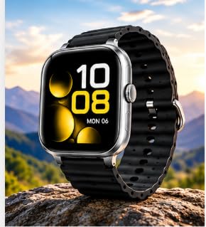 Smart Watch with Black Ocean Silicone Band | App Notifications, Incoming Call Display, Square Dial, Black Strap, Social Media Apps
