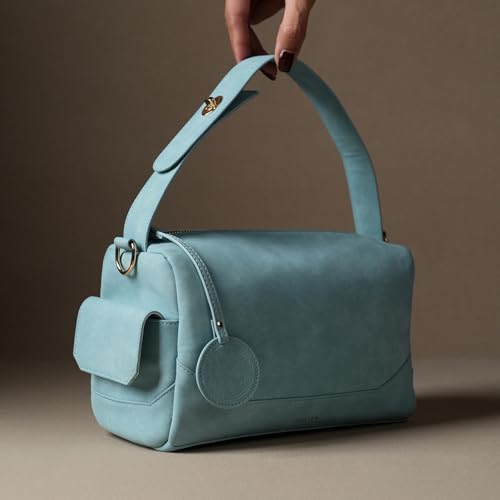 Theater Bonbon Sky Blue Vegan Leather Crossbody Duffle Bag for Women Structured Shoulder Handbag with Adjustable and Detachable Strap