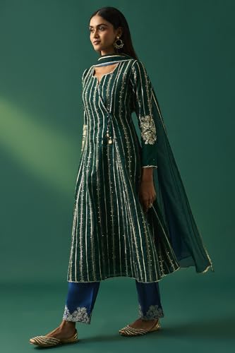 Wishful Women's Green Striped Embroidered Angrakha Kurta with Trouser and Dupatta Set - (SP12864-401158-XXL)