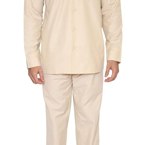 Tatwam FILAFIL Cotton RICHED with Polyester Mens Nightsuit with Fully Elastic Pajama and Buttoned Full Sleeve TOP Size-L,L.Fawn