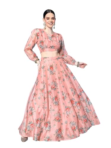 Peach Floral Wrap Crop Top With Anarkali Skirt