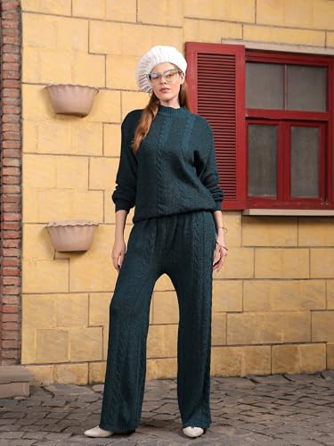 Kvetoo Woolen High Neck Sweater with Pajama Tracksuit for Women Winter Wear Co-ord Set Teal Size L