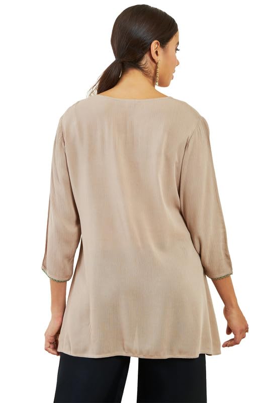 Soch Womens Beige Crepe Floral Threadwork Embroidered Round-Neck Tunic