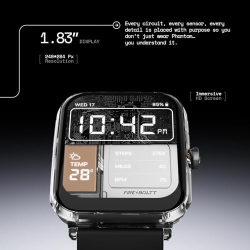 Fire-Boltt Ninja Phantom Smart Watch 1.83” Display, Transparent Clear Body Design, Bluetooth Calling, 120+ Sports Modes, Voice Assistant, AI Outfit Watch Face Smartwatch for Men & Women Shadow Black