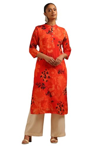 Soch Womens Orange Chinon Floral Kurta