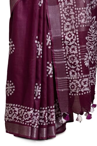 Soch Womens Wine Linen Batik Print Sarees With Tassels