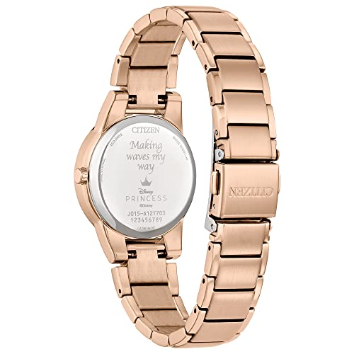 Citizen Eco-Drive Ladies' Special Edition Disney Princess Ariel "Making Waves my Way" Faceted Crystal Watch and Pin Gift Set, Gold Stainless Steel Watch, Green Dial, 30mm (Model: GA1073-63W), Rose
