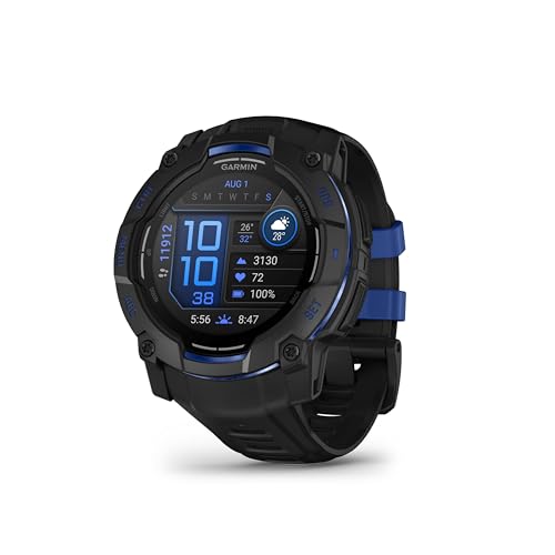 Garmin Instinct® 3 – 50 mm, AMOLED Display, Rugged Outdoor GPS Smartwatch, Built-in Flashlight, Supernova Collection Limited Edition Color, Black with Black/Bolt Blue Silicone Band
