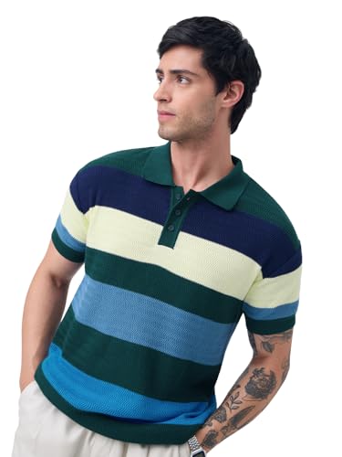 The Souled Store Jacquard Polo: Marine Vibe Men and Boys Short Sleeve Spread Collar Green Blue Yellow Striped Cotton Regular Fit Textured Polos