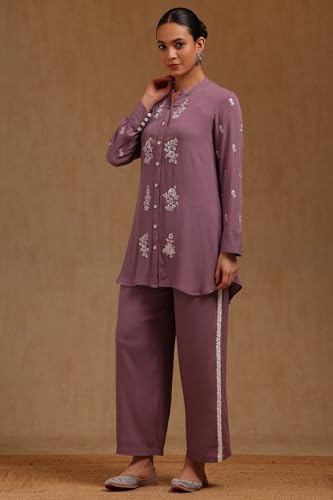 Soch Womens Purple Rayon Crepe Embroidered Co-Ord Set With Thread Work