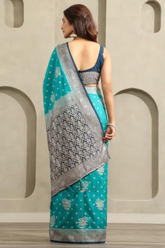 Soch Womens Turquoise Blue Viscose Botanical Zari Woven Saree With Stone Work