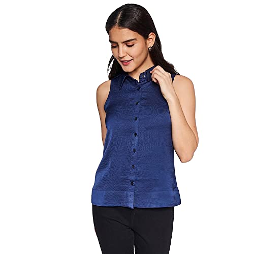 AND Solid Polyester Collar Neck Womens Top (Blue, 10)