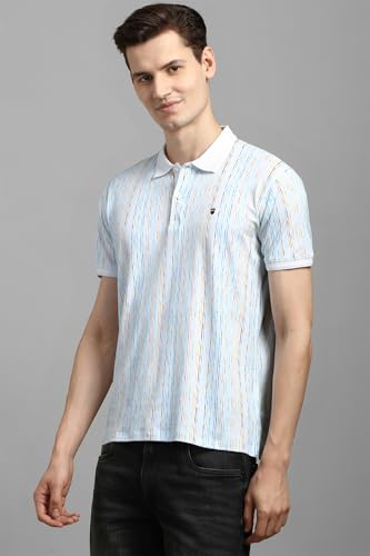 Louis Philippe Men White Stripe Polo Neck T-Shirt