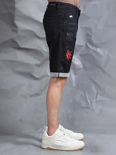 BEEVEE Men’s Cotton Black Text Printed Casual Shorts | 100% Yarn Dyed Structured Fabric, Mid Rise, Knee Length with Button Closure