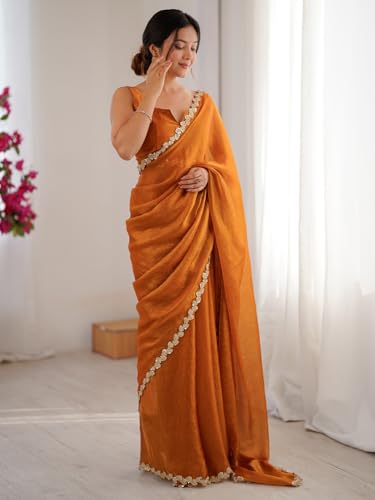 AKHILAM Women's Orange Chiffon Embellished Saree With Unstitched Blouse Piece (FNPATTI1004_AB)