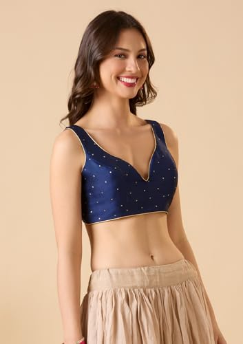 S SALWAR STUDIO Navy Blue Taffeta Silk Sweetheart Neck Sleeveless Readymade Blouse