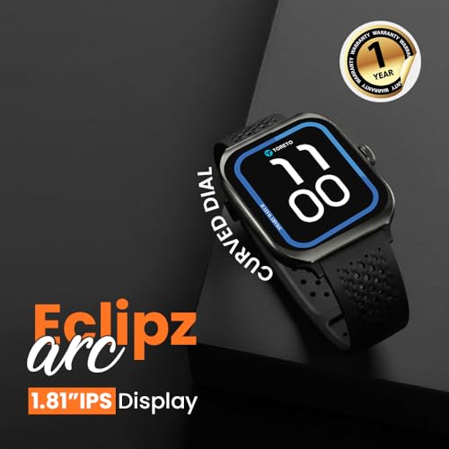 Toreto Eclipz Arc Smartwatch with 1.81" IPS Display, Bluetooth Calling, IP67 Water Resistance, 22mm Silicone Strap, 12-Day Battery, iOS & Android Compatible (Graphite Black)