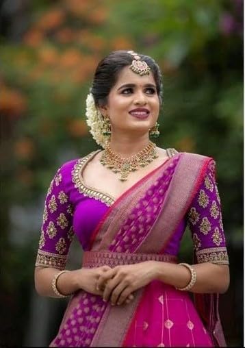 RENVAANI Women's Traditional Kanjivaram Silk Zari Weaving Unstitched Lehenga Choli with Dupatta (Khajuri BT Red)