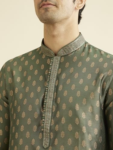 Manyavar Mens Green Art Silk Self Design Kurtas