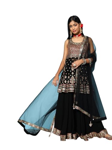 Libas Art Womens Embroidered Georgette Straight Kurta With Palazzos and Dupatta