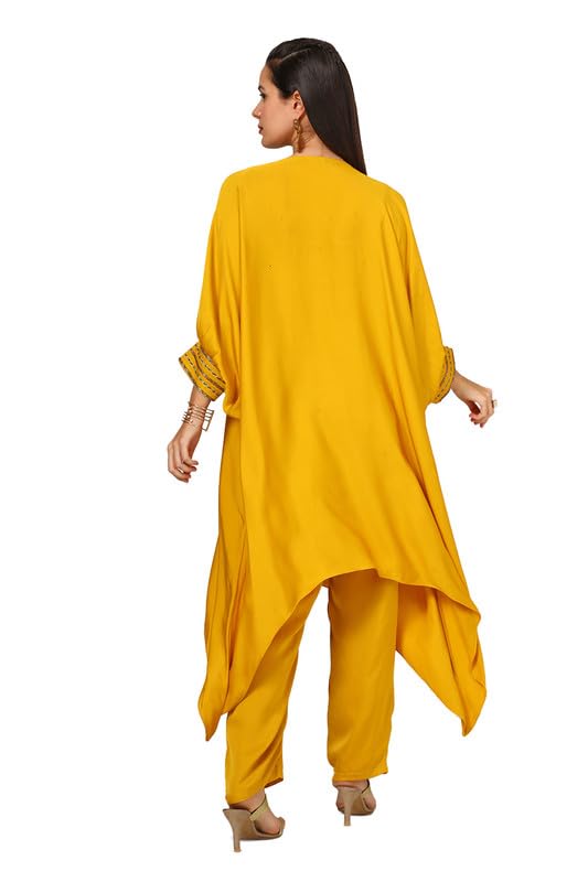 Soch Womens Mustard Viscose Crepe Kaftan Suit With Mirror Work