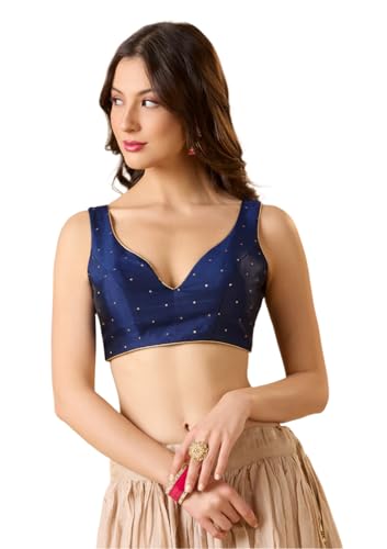 S SALWAR STUDIO Navy Blue Taffeta Silk Sweetheart Neck Sleeveless Readymade Blouse