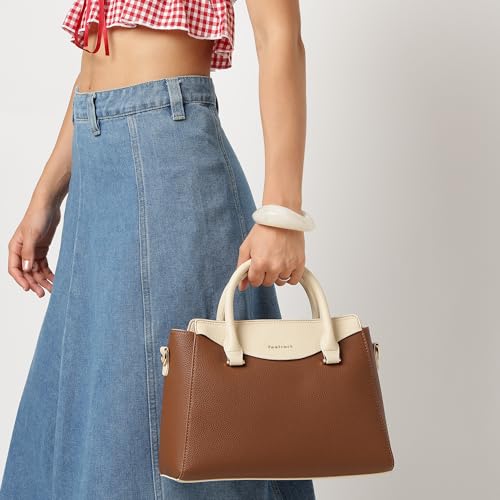 Fastrack Tan Gridelle Satchel Handbag for Women | Premium Faux Leather Weave Design | Tan Structured Satchel with Zipper Closure | Dual Compartment with Organizer Pockets