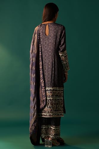 Wishful Women's navy Blue Floral Printed Embroidered Straight Modal Satin Kurta with Parallel Pants and Dupatta Set (SP12624-125649-XS)