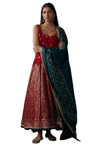 Wishful Women's Red Zari Embroidered Jacquard Anarkali Sleeveless Kurta with Churidar and Dupatta Set (SP13162-314304-L)