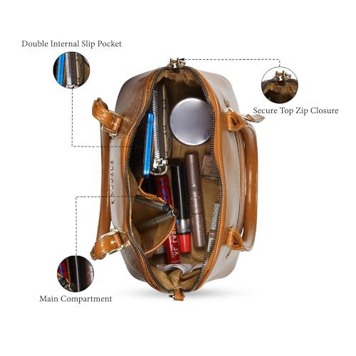 Caprese Macie Medium Satchel for Women | Textured Faux Leather Handbag with Adjustable & Detachable Strap | Stylish Shoulder Bag with Zipper Closure | Perfect Office, Travel & Everyday (Tan)