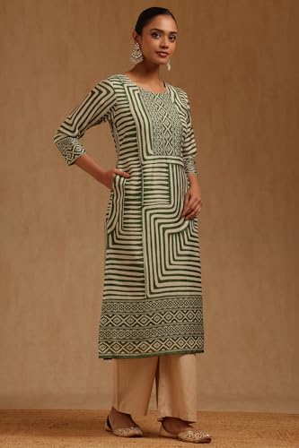 Soch Womens Green Russian Silk Geometric Kurta with Beads Details