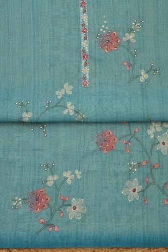 Soch Womens Blue Linen Shimmer Floral Print Unstitch Dress Material With Thread Work