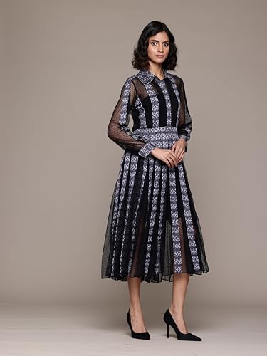 Label RITU KUMAR Collar Neck Full Sleeves Printed Long Dress Black