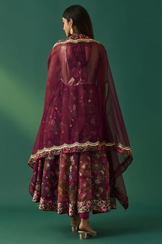 Wishful Women's Maroon Floral Printed Embellished Anarkali Kurta with Churidar and Dupatta Set - (SP12850-401147-XXL)