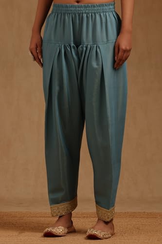 Soch Womens Turquoise Blue Silk Shimmer Solid Suit Set With Mirror Work