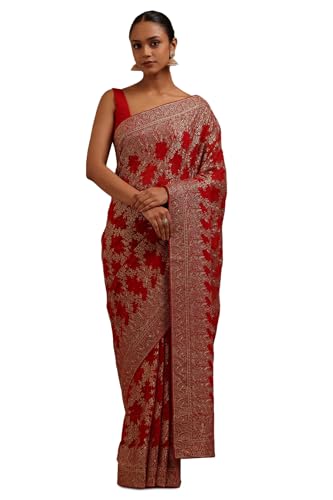 Soch Womens Red Georgette Embroidered Saree With Zari