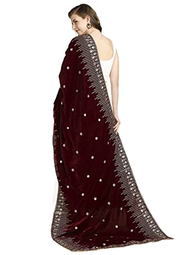 DUPATTA BAZAAR Women's Embroidered Maroon Velvet Dupatta, free size