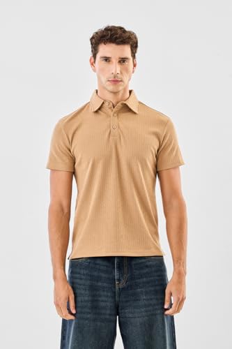SNITCH Men's Polo T-Shirt | Ribbed Texture & Buttoned Placket | Polyester Blend Fabric, Regular Fit, Casual Wear | Beige