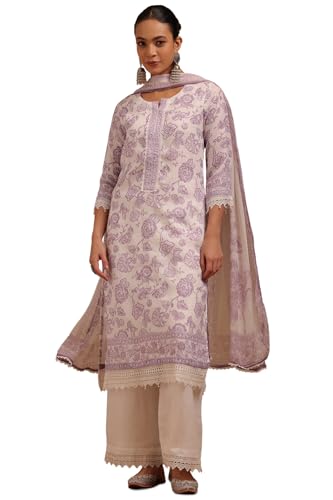 Soch Womens Off White Linen Floral Print Salwar Suit With Beads