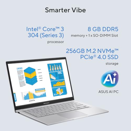 ASUS Vivobook 14 (2026),Intel Core 3 304,Intel iGPU,Fingerprint Reader,8GB DDR5,256GB SSD,FHD,14"(35.5 cm),Windows 11,M365 Basic(1Y),Office 2024,Cool Silver,1.4 Kg,X1404MA-EB320WS,AI Laptop