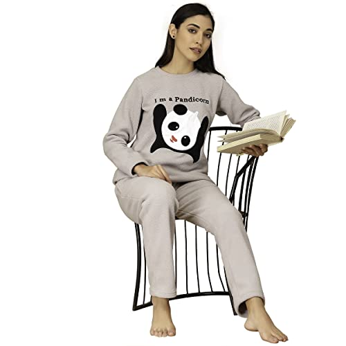 Sweet Dreams Women Grey Polar Fleece Applique Winterwear Night Suit